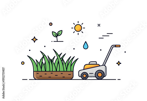 Lawn care maintenance concept illustrated by a neat patch of green grass with a simple lawn mower icon positioned beside it, expressing order and routine