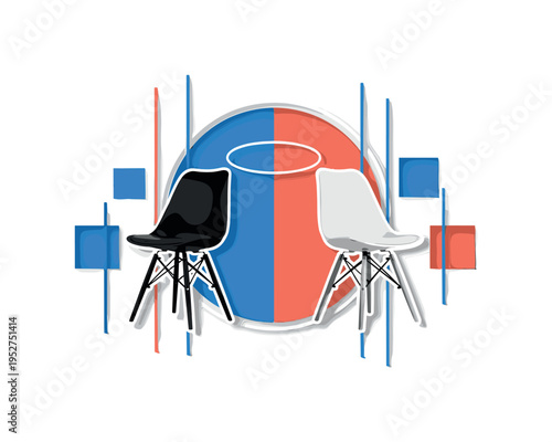 A monochrome pair of chairs placed apart but aligned symmetrically, bold halo circle unifying the space between them, abstract blocks and thin vertical lines