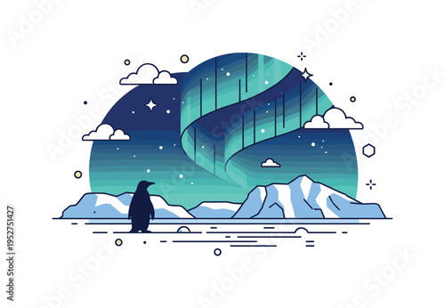 Aurora australis glowing over Antarctic ice fields with a lone penguin silhouette in the foreground, evoking awe, tranquility, and the magic of the polar