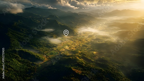 Aerial Landscape With Location Pin Over Mountain Valley at Sunrise, Navigation Technology, GPS Mapping, Travel Destination Discovery, Geographic Exploration and Scenic Nature View