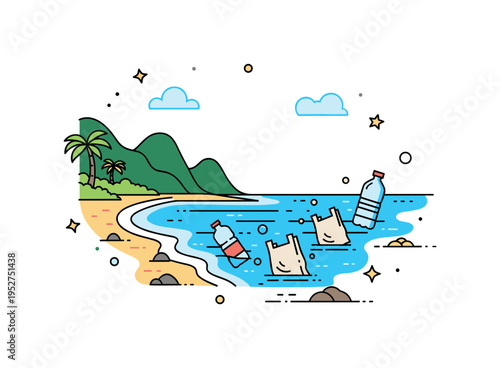 Plastic pollution in tourist destinations centered on a scenic shoreline with subtle bottle and bag icons disrupting the clean water silhouette, highlighting