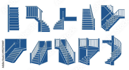 Collection of various blue and white staircases in different designs and angles on a pure, Generative AI.