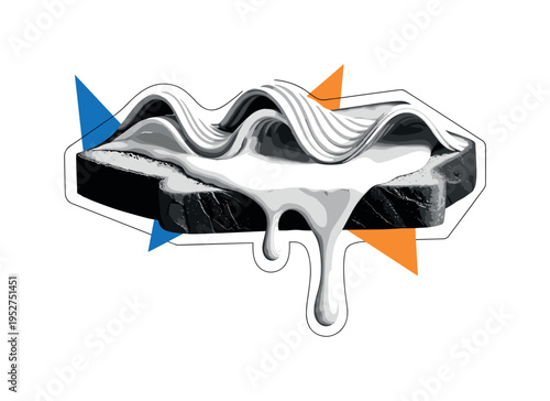 Black and white butter melting and dripping over the edge of toast in stylized geometric waves, sharp angular fragments blending into smooth curves, flat