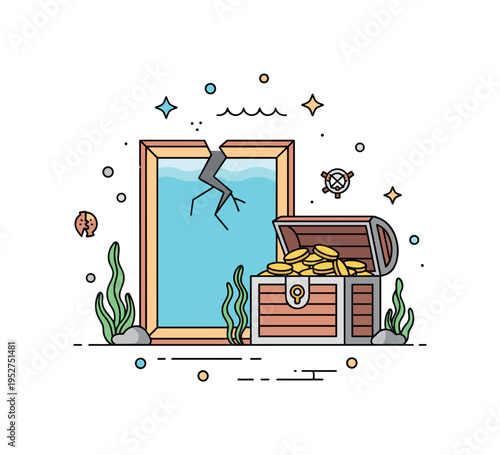 Underwater treasure scene cracked ship frame beside an open chest filled with coins and subtle seaweed accents, symbolizing hidden riches and ocean legends.