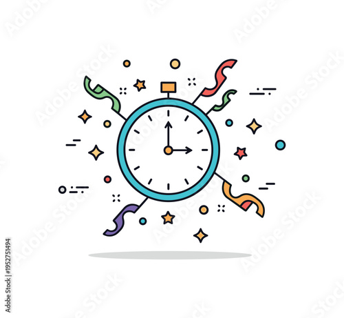 New Year celebration stylized clock approaching midnight surrounded by streamers and sparkling stars in a compact dynamic layout. A confident symbol of fresh