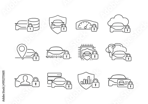 "Vehicle Data Protection". Minimalistic set one-line drawing [car with database lock, vehicle telemetry data shield, dashboard data privacy lock, car cloud