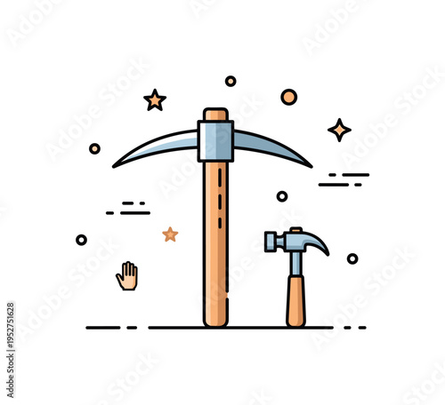 Tool and craftsmanship concept illustrated by a pickaxe paired with a small hammer icon, representing practical skills and construction work. The compact