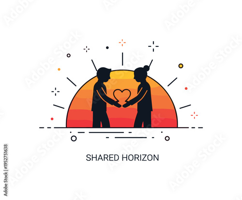 Sunset silhouette romance symbolized by two figures forming a subtle heart shape against a bold setting sun. Minimal decorative stars and a short ?Shared