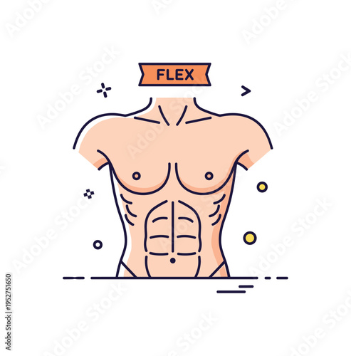 Lean muscle definition stylized torso silhouette with gentle contour lines and a small Flex label above, symbolizing physical tone and body