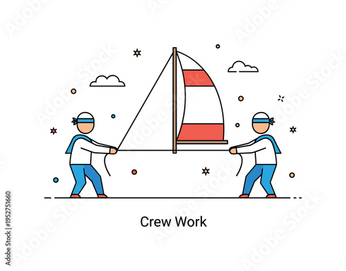 Sailor teamwork onboard theme with two simplified figures pulling a rope attached to a sail, symbolizing cooperation and shared effort. The short caption Crew
