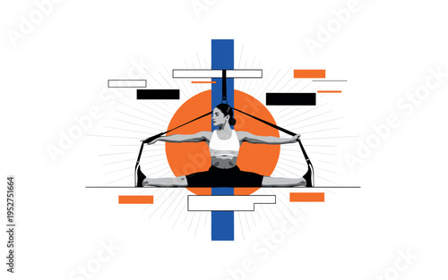Black and white figure centered in symmetrical split stretch using a strap for support, bright orange circular backdrop behind the torso and blue vertical