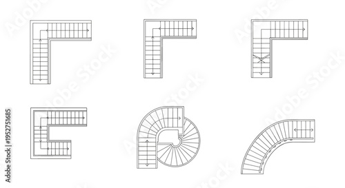 Various architectural staircases and designs for buildings and homes in technical drawings, Generative AI.