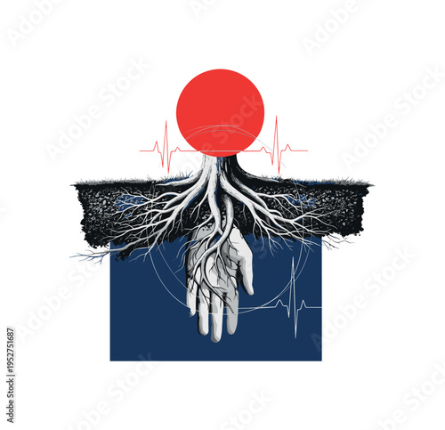Black and white tree roots merging with underground water storage tanks beneath a park lawn, strong green circle backdrop, sharp orange rectangular block