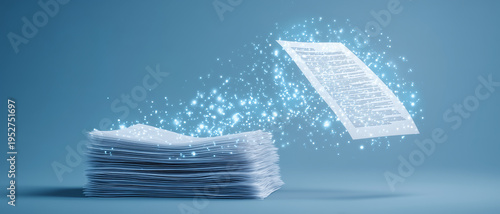 ペーパーレス化・DX推進コンセプト – 紙書類がデジタルデータへ変換されるビジネスイメージ