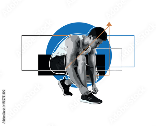 Black and white athletic human figure performing a kettlebell swing in retro style, bold blue circular backdrop behind the torso, bright orange horizontal bar