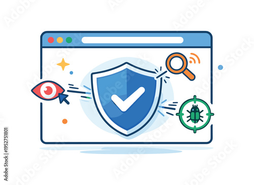Anti tracking protection a browser window blocking small tracker icons that bounce off a shield barrier, expressing the concept of preventing websites from