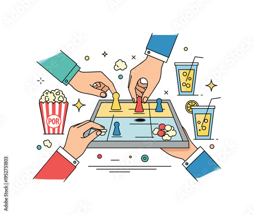 Friends playing tabletop games visualized by a pair of hands moving a game piece across a simplified board, with subtle popcorn and lemonade accents nearby to