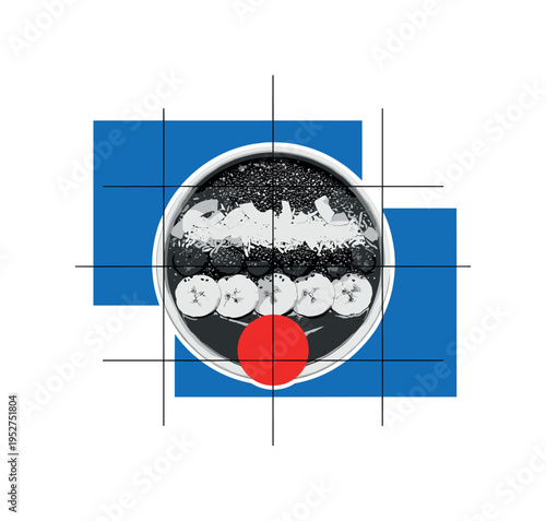 Black and white smoothie bowl with toppings arranged in symmetrical pattern, vivid red circle marking focal point beneath the central fruit layer, thin