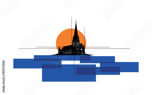 Black and white minimal church silhouette with steeple, oversized warm orange sun disc partially cropped behind roofline, cobalt blue rectangular planes