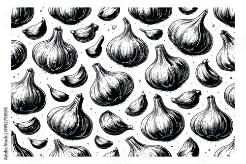 Hand drawn line art garlic illustration set featuring whole garlic bulbs and separated cloves for kitchen and culinary themes