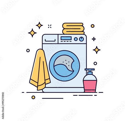 Cleanliness laundry care theme featuring a washing machine icon with fresh sparkle elements and a neatly folded towel accent. A comforting and domestic visual