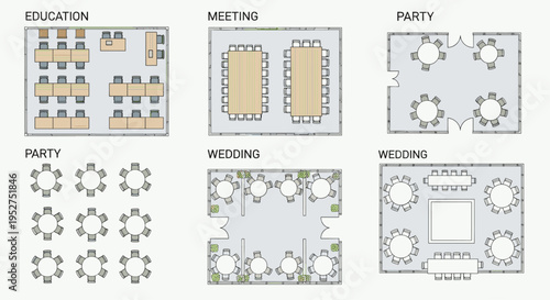 Collection of various event and wedding floor plan designs and layouts for party and meeting spaces, Generative AI.