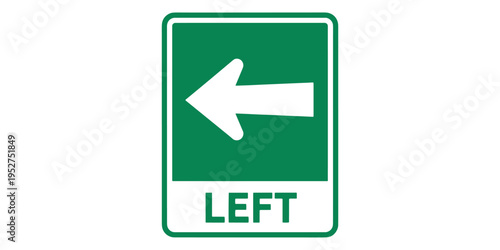 Green and white left directional traffic sign with arrow on white background