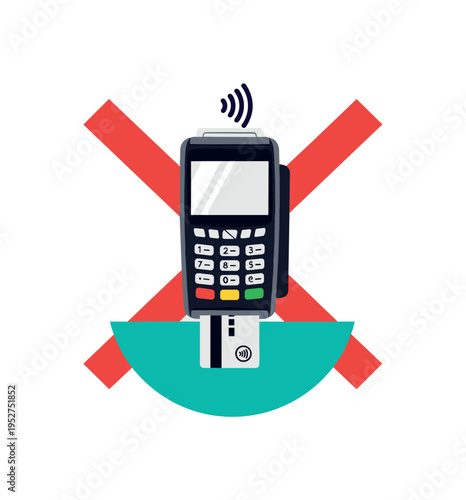 Black and white point-of-sale terminal with card inserted, vivid teal half circle supporting the lower frame, bright red diagonal stripe crossing behind to