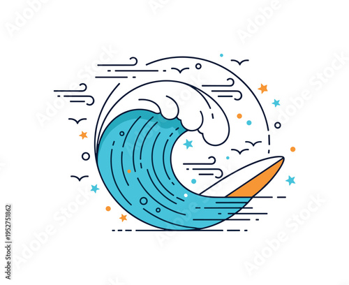Coastal surf energy captured in a stylized curling wave forming a circular emblem, symbolizing power, freedom and balance. Subtle wind lines and tiny seabirds