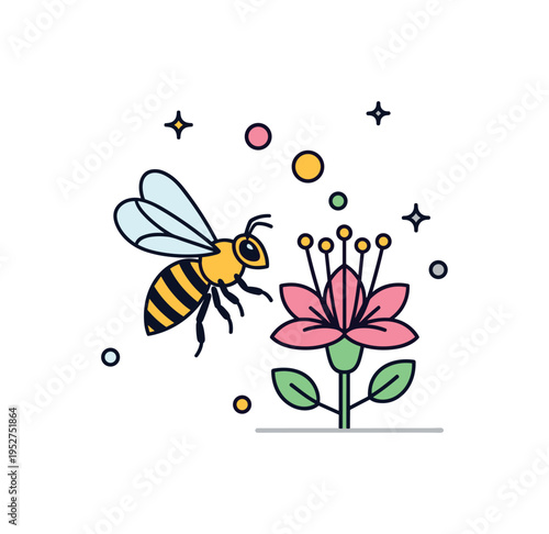 Pollinator concept badge built around a bee approaching a blossom with visible stamens, enhanced by small circular accents that symbolize pollen transfer and