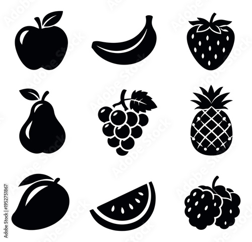 Graphic fruit icon set featuring various fresh fruits for healthy lifestyle designs