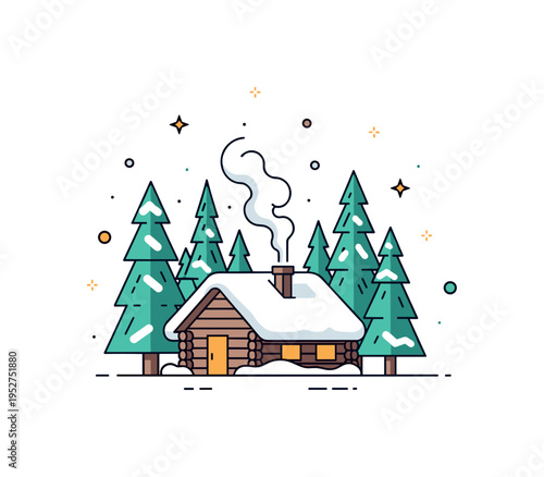 Snow-covered taiga cabin with smoke rising from the chimney, nestled among tall evergreens, illustrating coziness, solitude, and northern wilderness life.