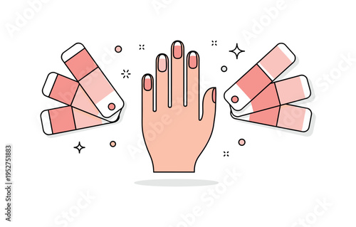 French manicure color palette concept featuring a balanced arrangement of soft pink base and crisp white tip swatches around a central hand icon, expressing