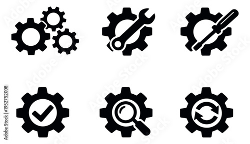 Solid gear icons set featuring various tools and symbols for system settings and maintenance