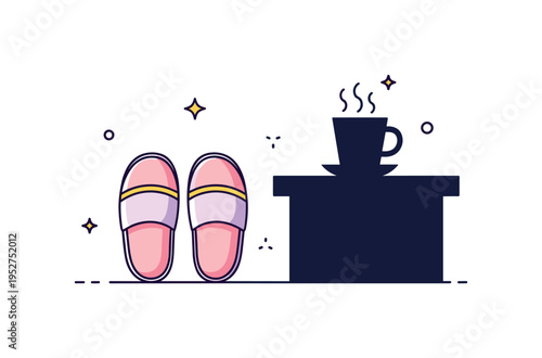 Slippers at bedside self care routine theme showing soft slippers beside a small cup silhouette on a nightstand. The illustration conveys relaxation, comfort,