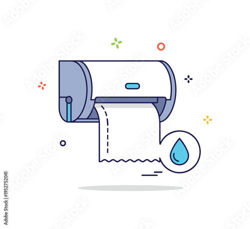 Paper towel hygiene station illustrated by a dispenser with a neatly pulled sheet and a small droplet icon indicating hand drying after washing. The