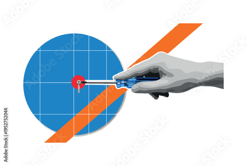 Black and white hand holding screwdriver tightening abstract geometric panel, large flat blue circle intersected by thin grid lines like renovation plan,