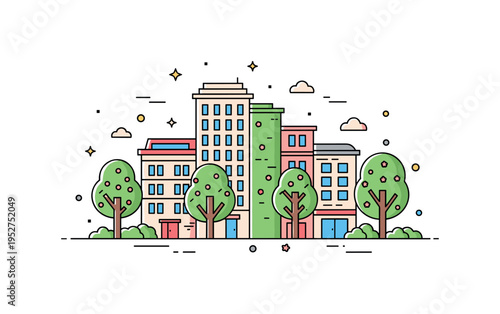 Spring trees along city avenue represented by simplified building facades framed with lush green canopies and tiny blossoms, highlighting contrast between