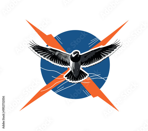Black and white bird gliding with wings stretched against wind current, oversized deep blue circular ring enclosing the silhouette, vivid orange geometric