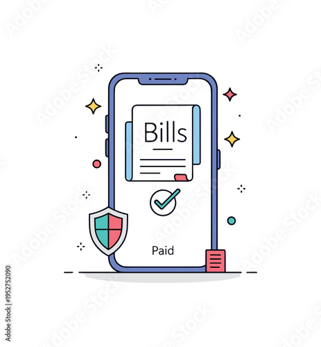 Paying bills online through a secure banking app displayed on a smartphone screen with a clear checkmark confirmation. A small shield icon and subtle ?Paid?
