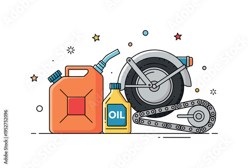 Retro motorcycle maintenance ritual highlighting a fuel can, chain oil, and a classic bike detail forming a cohesive mechanical vignette. The concept reflects