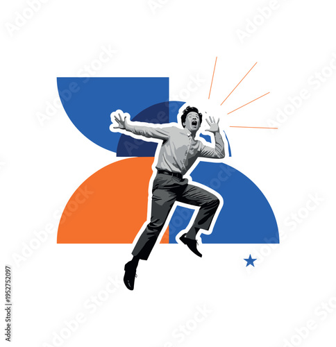 Black and white realistic person caught mid-silly exaggerated pose as the main object, retro photographic texture, playful body angle and expressive face,