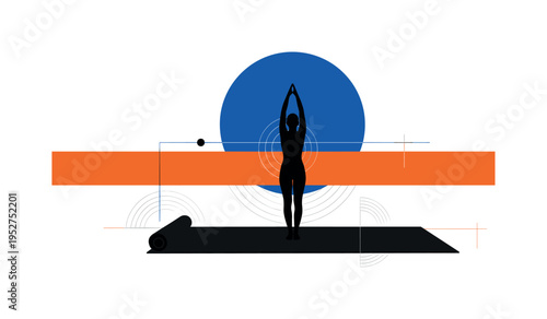 Black and white minimalist yoga mat with a figure in upward stretch pose centered, oversized cobalt blue circle dominating above the body, orange horizontal