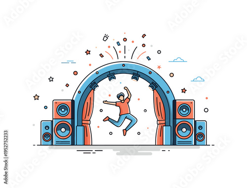 Outdoor dance celebration compact stage arch with speakers, confetti bursts and a joyful dancing figure mid jump, conveying freedom, sound and festival