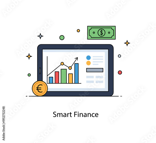 Online banking financial dashboard overview with a compact tablet displaying a minimal bar chart and small currency symbol, conveying budgeting and expense