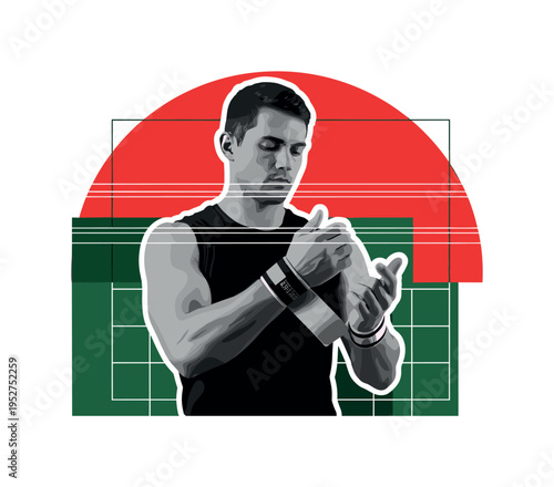 Black and white athlete wrapping wrist straps before lift, bold red semicircle and dark green geometric grids layered behind, thin horizontal lines emphasizing