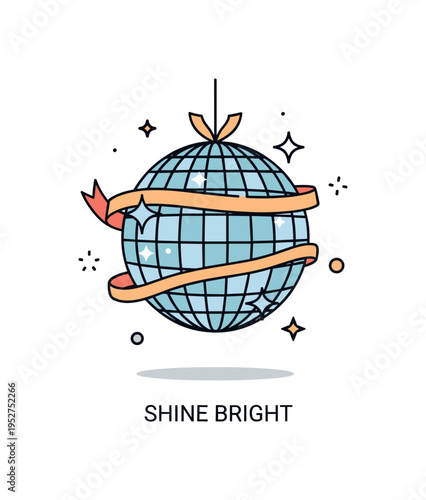 Disco ball glamorous event decoration depicted as a polished mirror globe with subtle ribbon accents and scattered star highlights, symbolizing elegance and