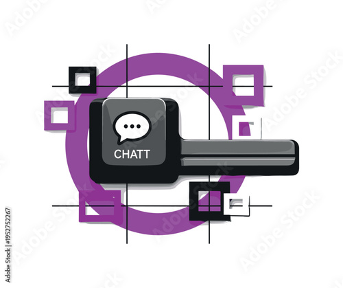 Oversized monochrome keyboard key labeled with a simple chat icon, cropped dramatically at the edges, framed by a bold purple circular shape and intersected by