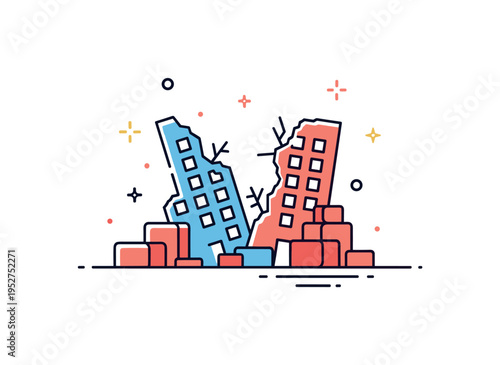 Urban ruins landscape illustrated by a simplified collapsed building outline and scattered block shapes, expressing abandonment and structural damage. The