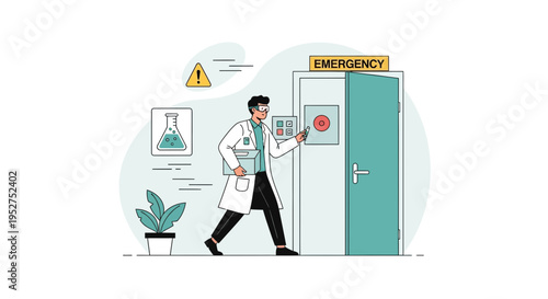 Doctor in Lab Coat Rushing to Emergency Room Door with Medical Icons